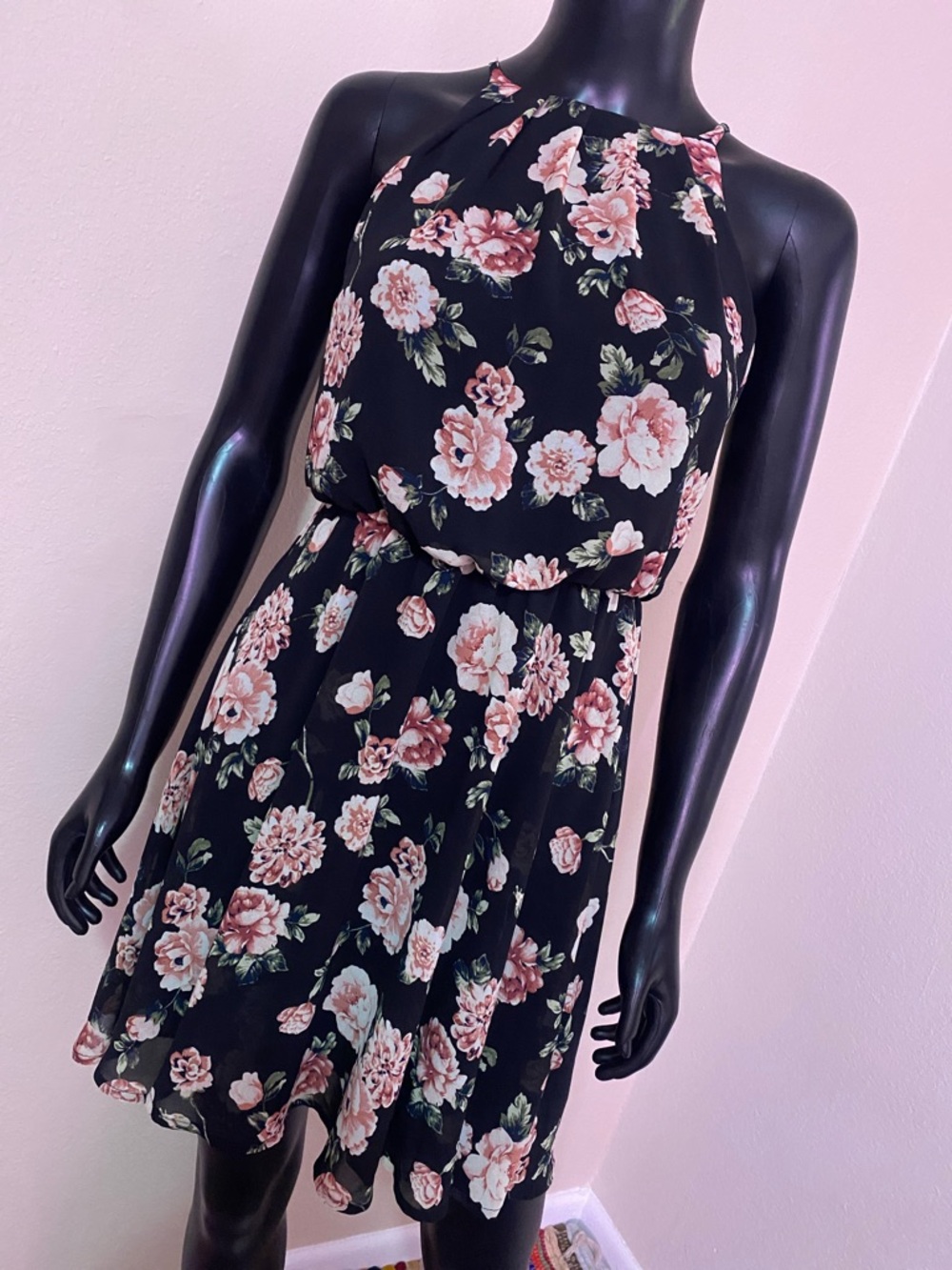 Blue Rain Black Floral Halter Midi Dress with Pink Roses